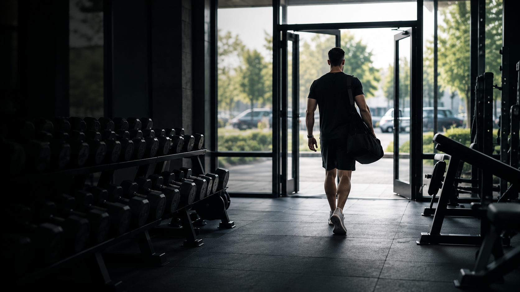 Member walking out of the gym through glass doors