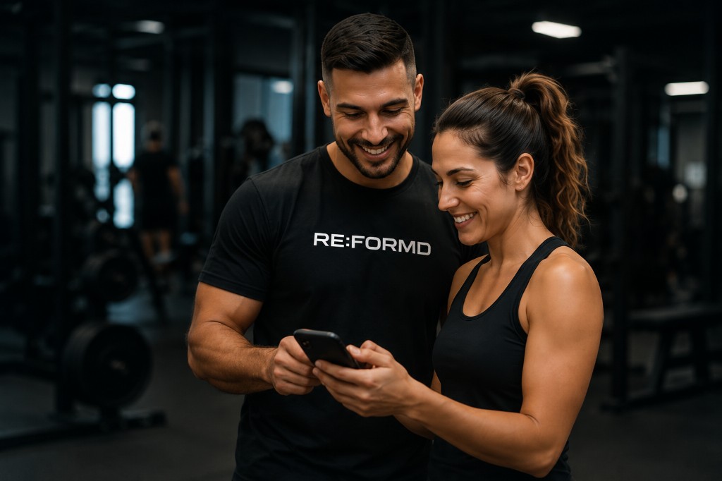 Members reviewing their health progress together in the gym